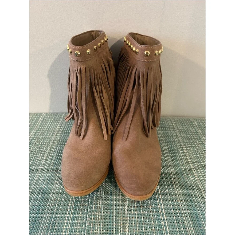 Michael Kors Tan Suede Fringe Ankle Boots with Gold Studs - Size 6